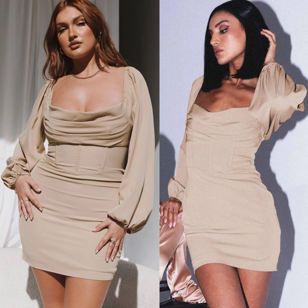 Princess Polly Corset Detail Lillie Long Sleeve Mini Dress in Beige US 4